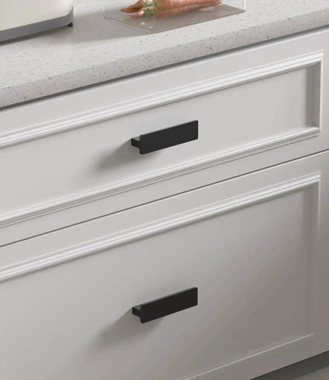 10 Pack 3 Inch Matte Black Kitchen Cabinet Handles And Drawer Pulls installed on white kitchen cabinet