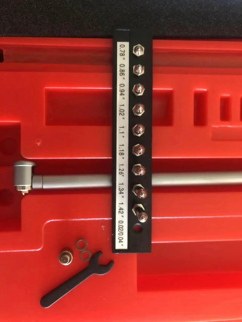Dial Bore Gage Set 0.7 To 1.5 Inches With Carbide Tipped Contact Points And 0.0005 Inch Graduation, 6 Inch Depth in red case