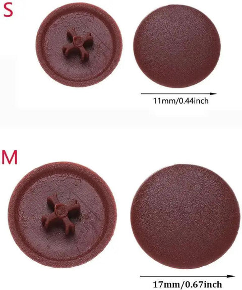 11mm and 17mm screw cap covers, front and back view, part of 100 Pcs 11mm Screw Cap Covers Assortment Kit Rubber and Plastic Caps for Phillips Screws.