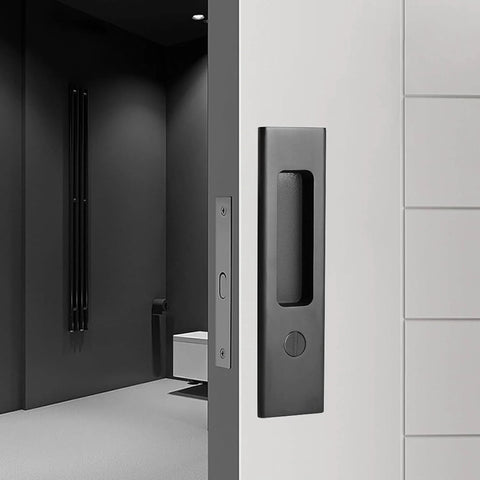6.3 Inch Privacy Pocket Door Lock Set for double barn doors, silent mortise lock hardware in black installed on white door