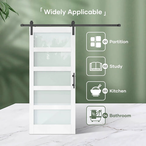 36x84 White Frosted Glass Barn Door With Sliding Hardware Kit Included shown in various home settings.