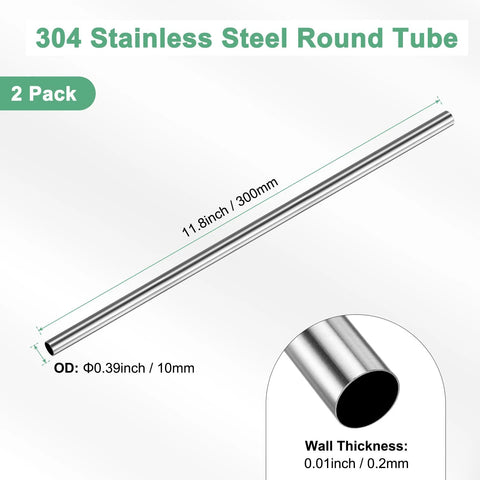 2-pack M METERXITY 304 stainless steel round tubes, 300mm length, 10mm OD, 0.2mm wall thickness for construction/DIY