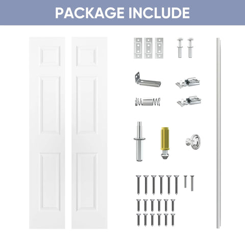 Package contents of 24 In By 80 In Bi Fold Door With 6 Panel Primed Hollow Core Interior Doors And Hardware Kit For Easy Install In Laundry And Pantry Or Bedroom Sturdy Yet Lightweight Hardboard Construction For Modern Home