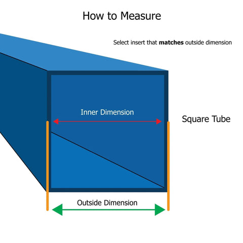 Diagram showing how to measure square tube dimensions for Double Star Threaded Caster Inserts in Heat Treated Steel for 1-1/2 Inch Square Tubes