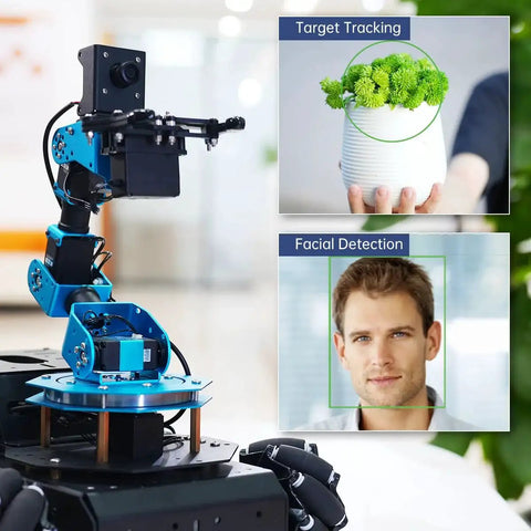 Robotic Arm Kit With Raspberry Pi 4B 4GB Open Source Programming FPV AI Vision 6DOF Robotic Arm Kit demonstrating target tracking and facial detection.