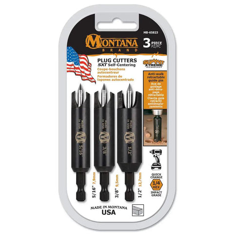 3 Piece Self Centering Wood Plug Cutters Set With Retracting Anchor Post And 2 Point Cutting Blades For Precise Plug Work Black Oxide Coating To Resist Dulling 1/4 Inch Quick Change Shank Made In USA By Montana Brands MB-65823 in packaging