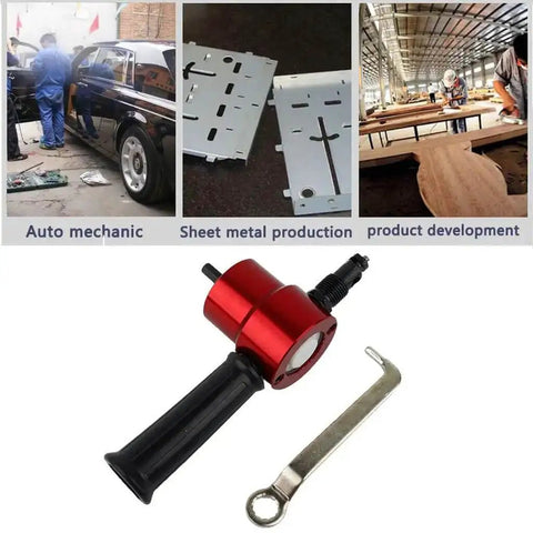 Double Head Sheet Metal Nibbler Cutter Drill Attachment With Wrench 360 Degree Adjustable Nibbler shown with automotive and production use