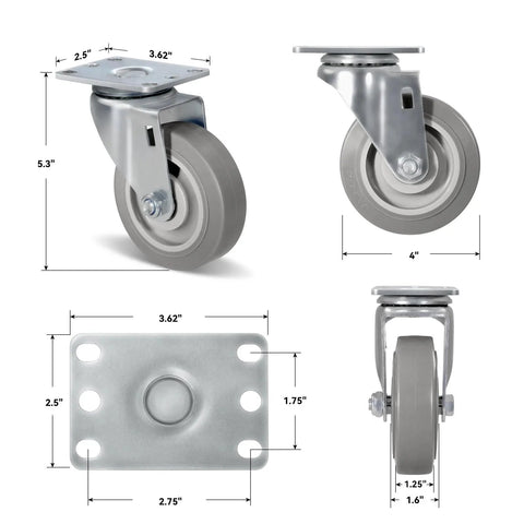 Heavy Duty 4 Inch Caster Wheels Set Of 4 With 1200 Lb Capacity For Cart And Furniture, includes measurements and design details