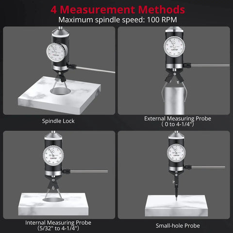 Coaxial Centering Indicator For Milling And Boring Machines With 4 measurement methods, 100 RPM, 6 feelers, and spindle lock.