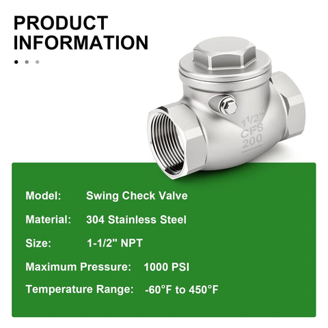 Swing Check Valve, 1-1/2 in NPT female, 304 stainless steel, backflow prevention