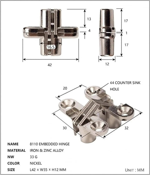 Hidden 180 Degree Invisible Hinge Set For Doors And Cabinets, Alloy Construction, detailed dimension view.