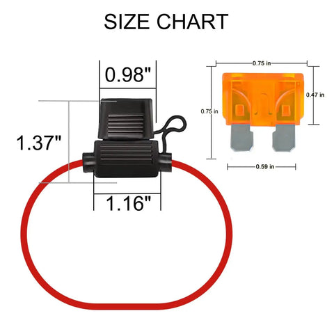 5 Pack Inline Fuse Holders With 16 AWG Waterproof Design And 5A ATC ATO Blade Fuses, showing size measurements