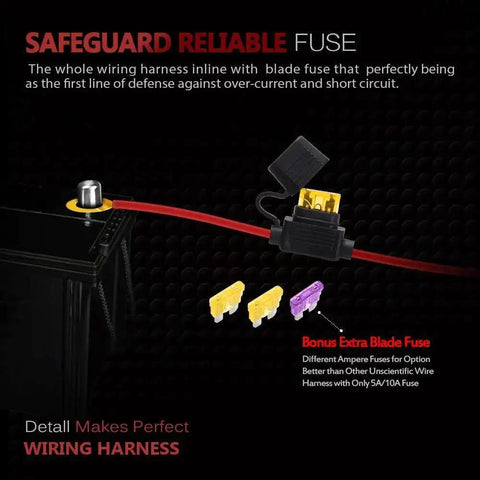 LED Light Bar Wiring Harness With Waterproof On Off Toggle Switch showing safeguard reliable fuse and extra blade fuses