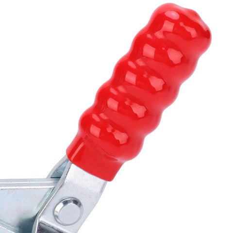 Close-up of Toggle Clamp Latch For Heavy Duty Workholding, red handle, metal arm, side view, ideal for industrial applications