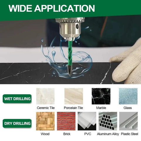 Masonry Diamond Drill Bit Set With Ten Carbide Bits And Quick Change Shank For Concrete Brick Tile Wood And Plastic Includes Sizes One Quarter Inch Five Sixteenth Inch Three Eighths Inch And One Half Inch Industrial Grade Tungsten Carbide Tips in use on tile with applications shown.