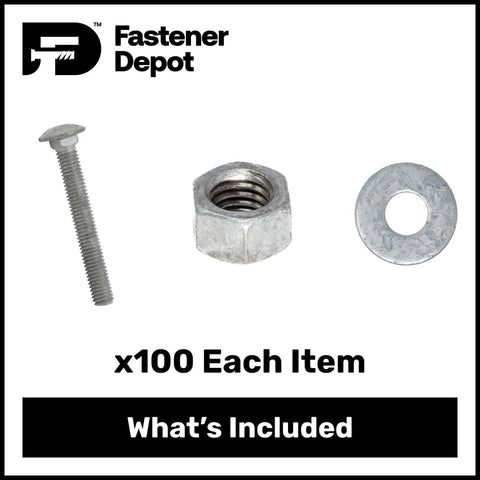3/8-16 Inch Fully Threaded Carriage Bolt Kit For Exterior Use, Hot Dipped Galvanized, Commercial Grade 307A With 100 Sets