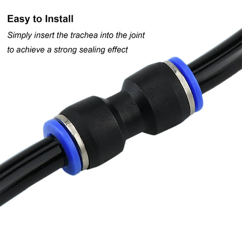 PU4 tube fitting with black body, blue seals and metal ferrules for 4mm PTFE tubes, M6 pneumatic straight connector