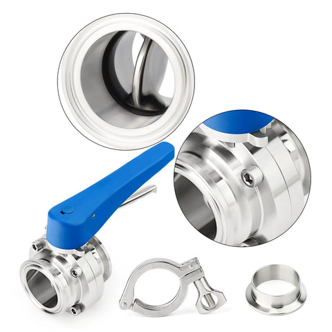 TAISHER 304 stainless steel butterfly valve kit, 4-inch tube OD, blue lever, tri-clamp ferrule