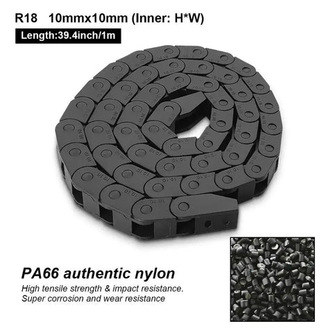 CNC Cable Drag Chain 10mm By 10mm Inner Size, 1 Meter Length Bridge Type Non Openable Black Plastic Wire Carrier Chain