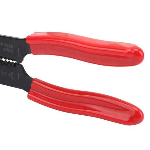 Red ergonomic handle of Pro Grade Multi Function Wire Terminal Crimping Pliers With Carbon Steel Blade for electrical projects, side view