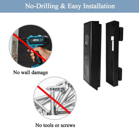 Magnetic Doorbell Camera Mount For Video Doorbell E340 No Drill Installation showing magnetic bracket and no-tool setup with screws crossed out.