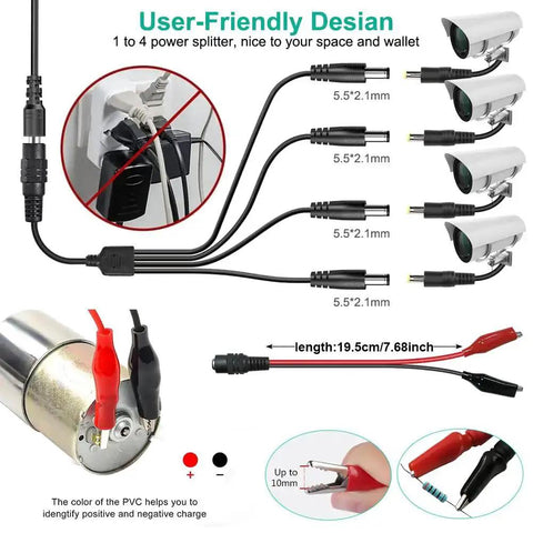 Adjustable DC Power Supply 3V To 24V 3A 72W with LCD Display AC Input, 1 to 4 power splitter cable, polarity converter