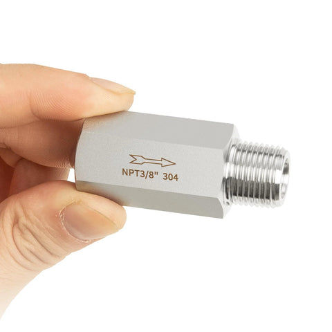 ChillWaves inline check valve, 304 stainless steel, 3/8 NPT male to 3/8 NPT female, side view