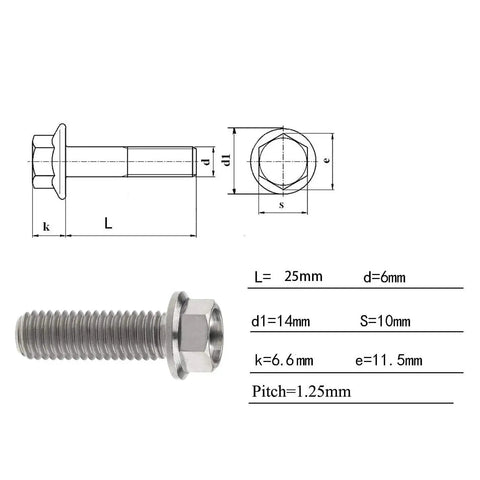 Diagram and photo of Titanium Flange Hex Bolt M8x25mm 1.25mm Pitch Pack Of 4 Grade 5 6AL4V Titanium Alloy CNC Machined Head.
