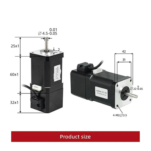 Front and side view of MOICEYHF 2-phase 4-lead NEMA17 stepper motor, 60mm body, 70 N·cm torque.