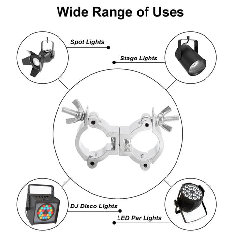 Beefy Aluminum Stage Lighting O Clamp With Double Buckle For 0.94 To 1.02 Inch OD Tubing Heavy Duty Pipe Mount 15 Lb Max Load Durable Truss Clamp For Gigs And Events One Piece with examples of spot lights, stage lights, DJ disco lights, and LED par lights.