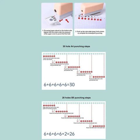 Diagram showing use of Portable 6 Hole Punch Adjustable Metal Handy Hole Puncher with chip tray and positioning pillar for A4, A5, B5.