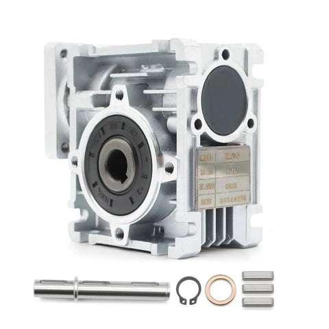 NMRV-030 Worm Gear Reducer 10 To 1 For NEMA23 Motors 12V Ready, with flange input/output shaft and durable housing.