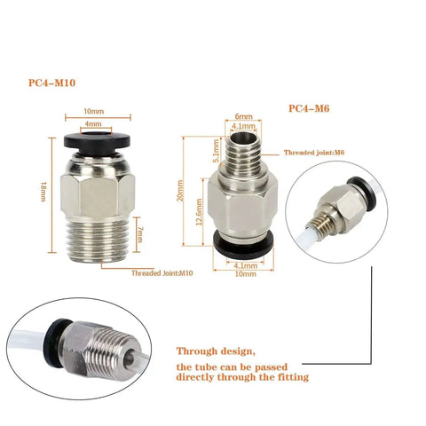 Close-up of PC4-M6 and PC4-M10 pneumatic fittings for 2M Bowden Tube For 3D Printing, PTFE Teflon Tubing, showing dimensions and details.