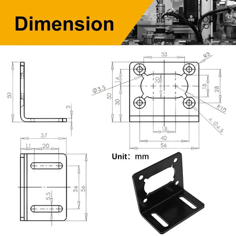Dimensions and design of Durable 370 Mounting Bracket For DC Worm Gear Motors Single Sided Holder, black metal with M4 screw holes.