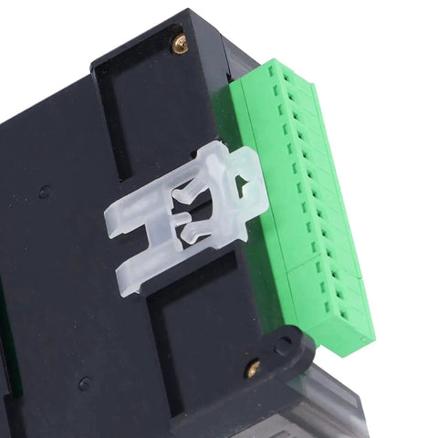 Close-up of DC 12V Programmable Logic Controller with 2N20MT module highlighting green connection terminals for industrial automation.
