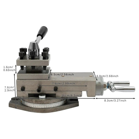 AT300 Metal Lathe Tool Post Holder for Mini Lathe, beefy durable cast iron, side view with measurement indicators.