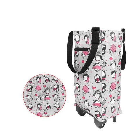 Collapsible Trolley Bag With Wheels For Groceries featuring penguin print, waterproof Oxford fabric, foldable grocery cart for supermarket use.