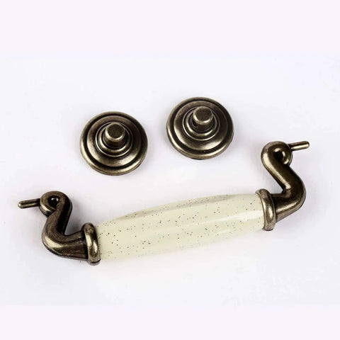Set Of 4 4.5 Inch Ceramic Drop Handle Drawer Pulls In Antique Bronze Finish For Kitchen Cabinets And Dressers, shown disassembled