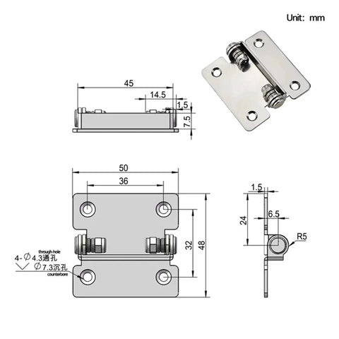 Front view of stainless steel 2.0 N·m 180° torque-damping hinge with four mounting holes; 1 piece.