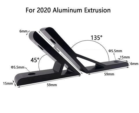 Eight Corner Bracket Set for 20 Series Aluminum Extrusion showing 45 and 135 degree angles with dimensions labeled.