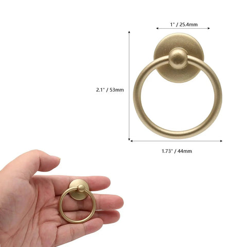 Hand holding 5 Pack Gold Ring Drawer Pulls With Screws, Brass Cabinet Handles Drop Knobs, showing size and design.