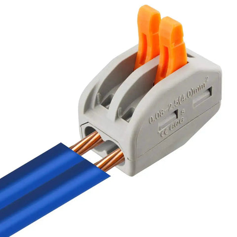 Close-up of 100 Pack Lever Nut Wire Connectors 2 Conductor Quick Connect Terminals 28 12 AWG installed with blue wire visible