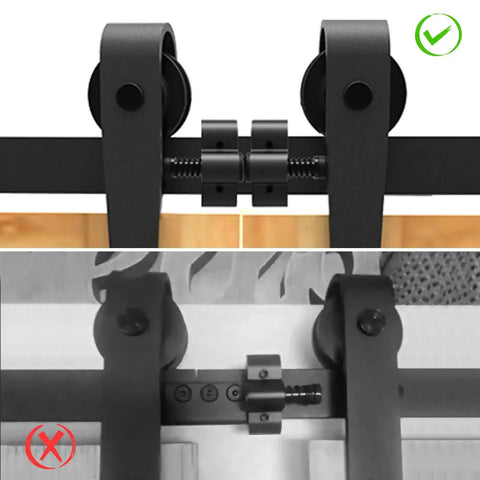 Sliding Barn Door Stopper Rail Stop For Single Or Double Doors, Top Flat Track And Center Or End Install, Adjustable Fit For 1.57 Inch Width Tracks 40mm, Black Satin Aluminum Alloy Construction, Corrosion Resistant, 1 Pair, top view comparison of correctly and incorrectly installed stoppers