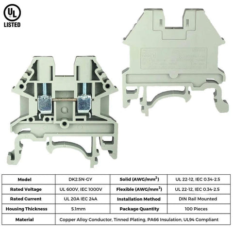 Front and back view of Gray DIN Rail Terminal Block Kit With 20-Position DK2.5N, UL Rated, for industrial panel wiring.