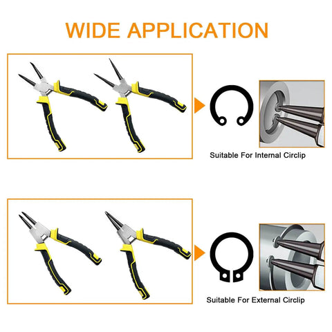 7 Inch Snap Ring Pliers Set Four Piece Circlip Pliers Kit With Straight And Bent Jaw Internal And External Rings Pro Grade Heavy Duty Tool For Retaining Clips shown in use for internal and external circlips.
