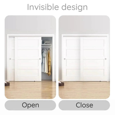 Soft Close Pocket Door Slide Hardware And Track Set For Barn Doors With Heavy Duty Hanger And Bilateral Four Wheel Dual Damping 47 Inch Track Single Door Load Rating Up To 143 Lbs Space Saving Slider System shown in open and closed views on white closet door.