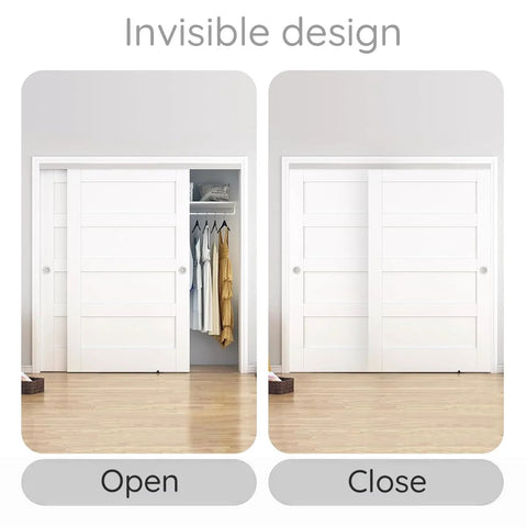 Soft Close Barn Door Slide Hardware Set With 59 Inch Track, Heavy Duty Pocket Door Kit in open and closed positions