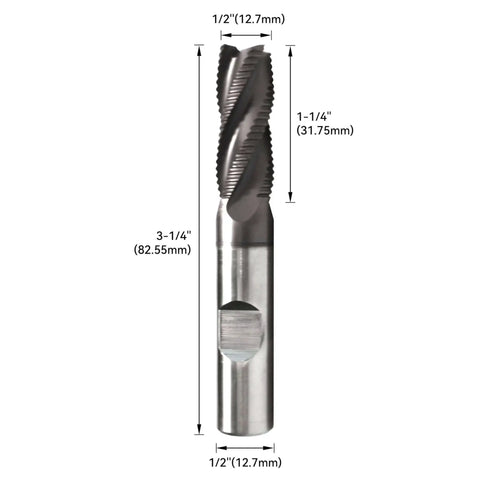 Roughing End Mill For Steel Precision Metal Cutting With Half Inch Diameter Shank And One And Quarter Inch Blade Length Four Flute M42 Eight Percent Cobalt TiAlN Coated Cutter HFS, front view with dimensions.