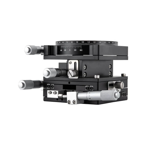4 Axis 90mm By 90mm Manual Linear Positioning Stage With Sliding Table, showing side view of compact unit for precision equipment positioning.