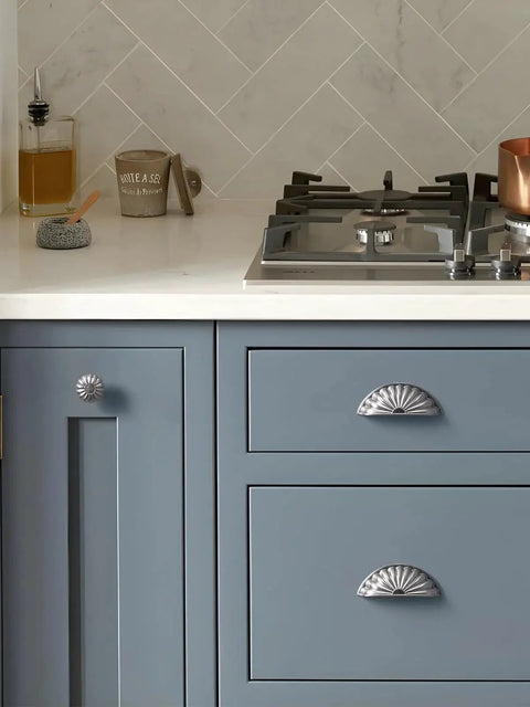 Brushed Nickel Cabinet Cup Pulls 3 Inch Center Hole 5 Pack Silver Drawer Handles on blue kitchen cabinets